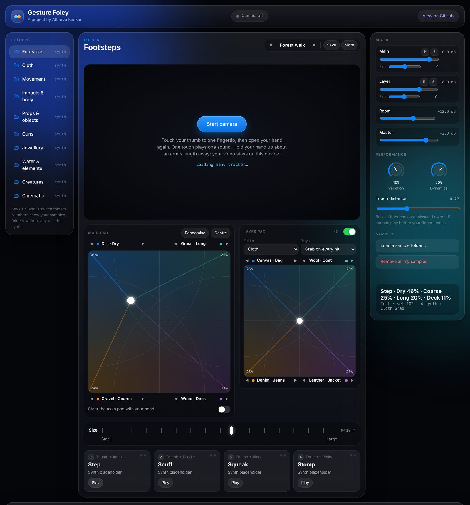 Gesture Foley browser app with ten sound folders, the camera stage, main and layer XY pads, size control, finger slots and mixer