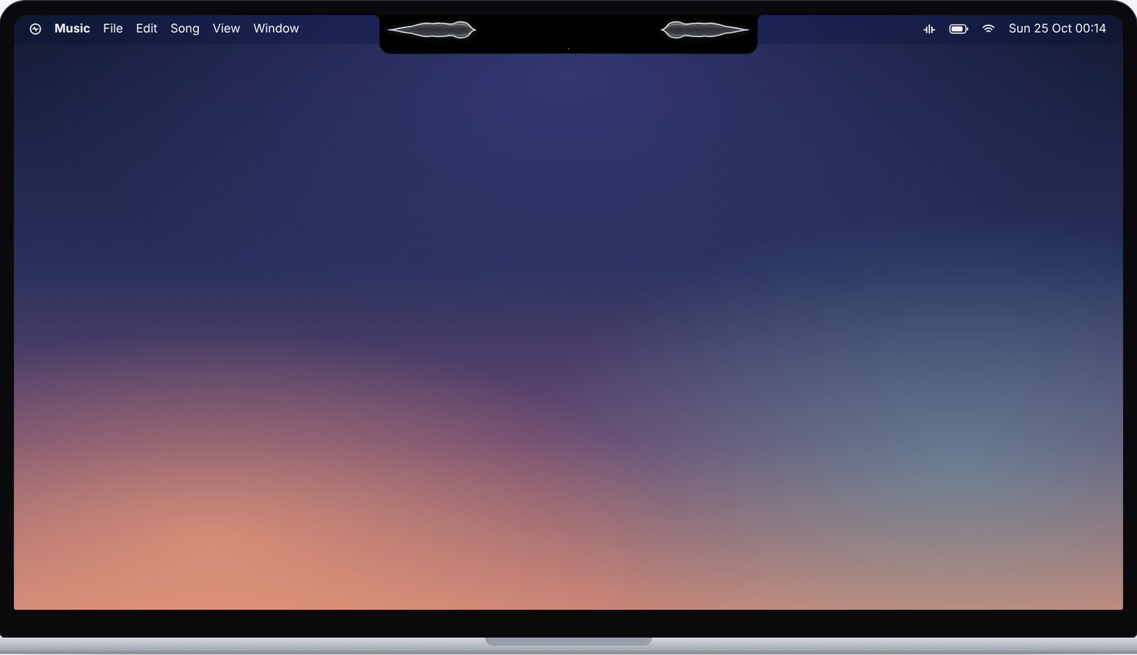 Simulated MacBook screen with the NotchWave waveform growing from the notch