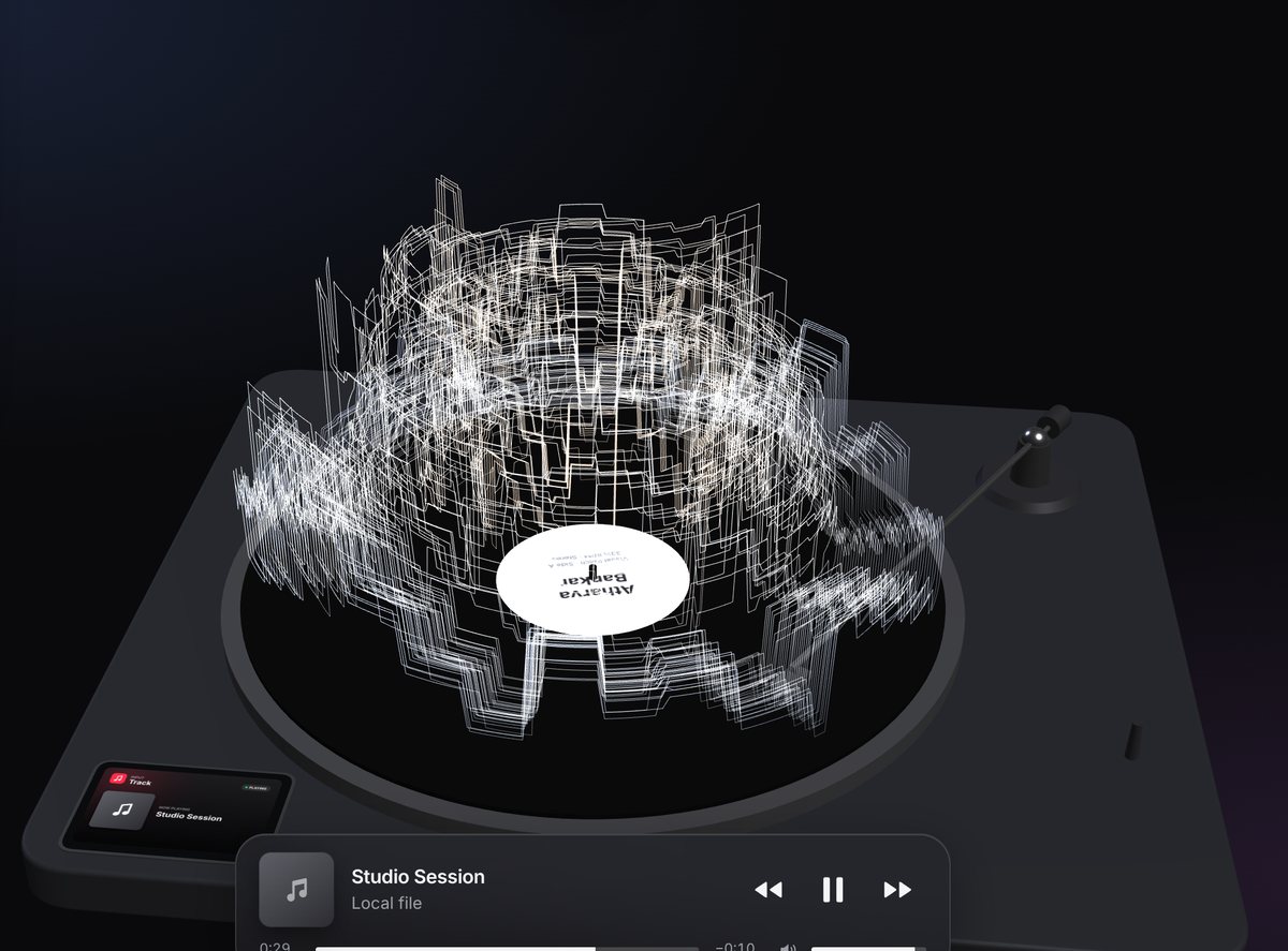 Close-up of frequency peaks rising from the spinning record