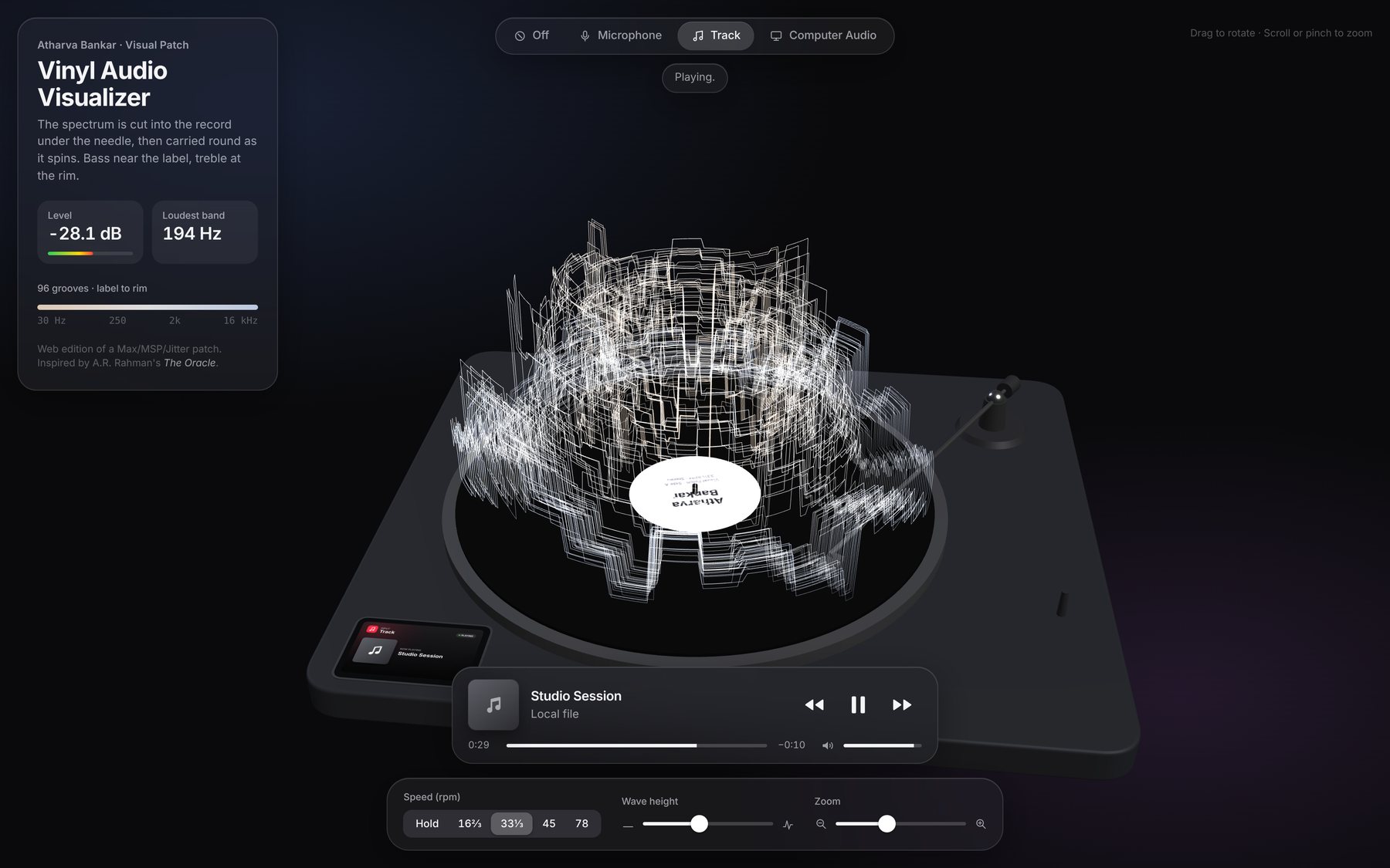 Vinyl Audio Visualizer website playing a track, with frequency peaks rising from the record on a 3D turntable